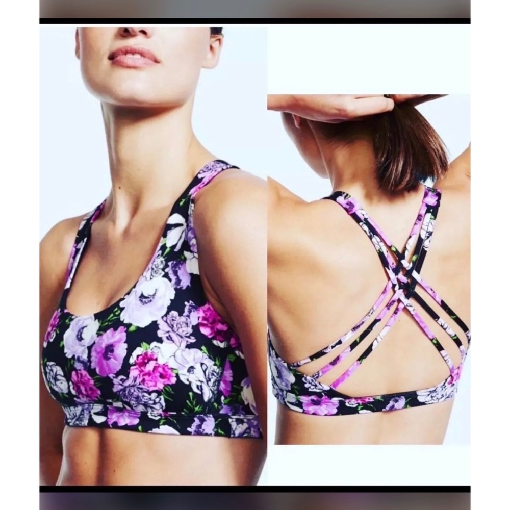 Victoria's Secret Sport Bra Women S Purple Floral Strappy Cage Back Activewear